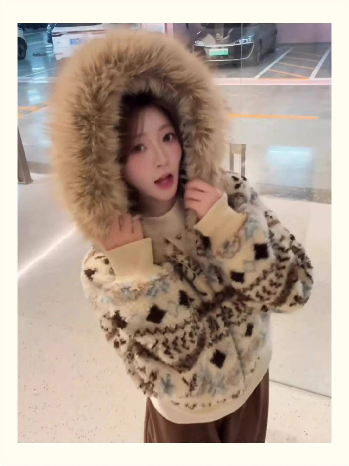 Vintage Fair Isle Print Women Cropped Hooded Fur Trim Fleece Lined Puffer Parka Oversized Warm Winter Chic Streetwear Coat 2026