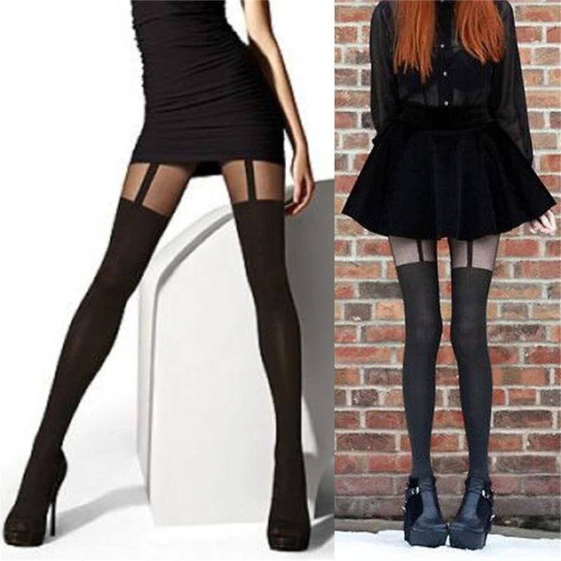 Sexy Damen Schwarze Strumpfhose mit Fake-Strumpfband-Optik Überknie-Strümpfe Geschenke für Club-Partys Neue Mode Mädchen Strumpfhosen – Detail 1