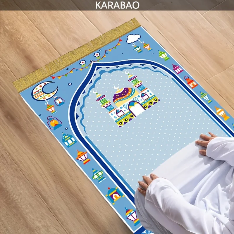 VIKAMA Kids Crescent Mosque Prayer Rug Interactive Non Slip Worship Mat Non Slip Tassel Islamic Prayer Carpet for Home Bedroom