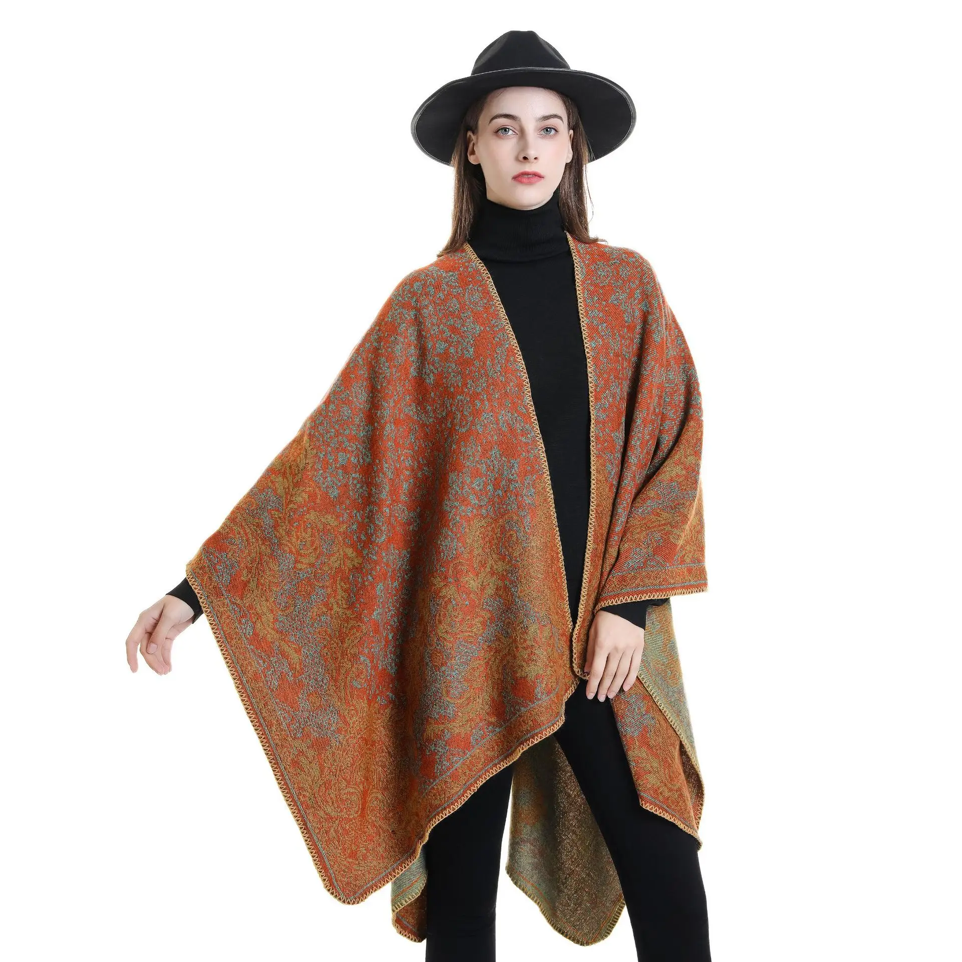 Autumn and winter new cashmere-like cloak flowers scarf women Europe and the United States national fashion warm split shawl