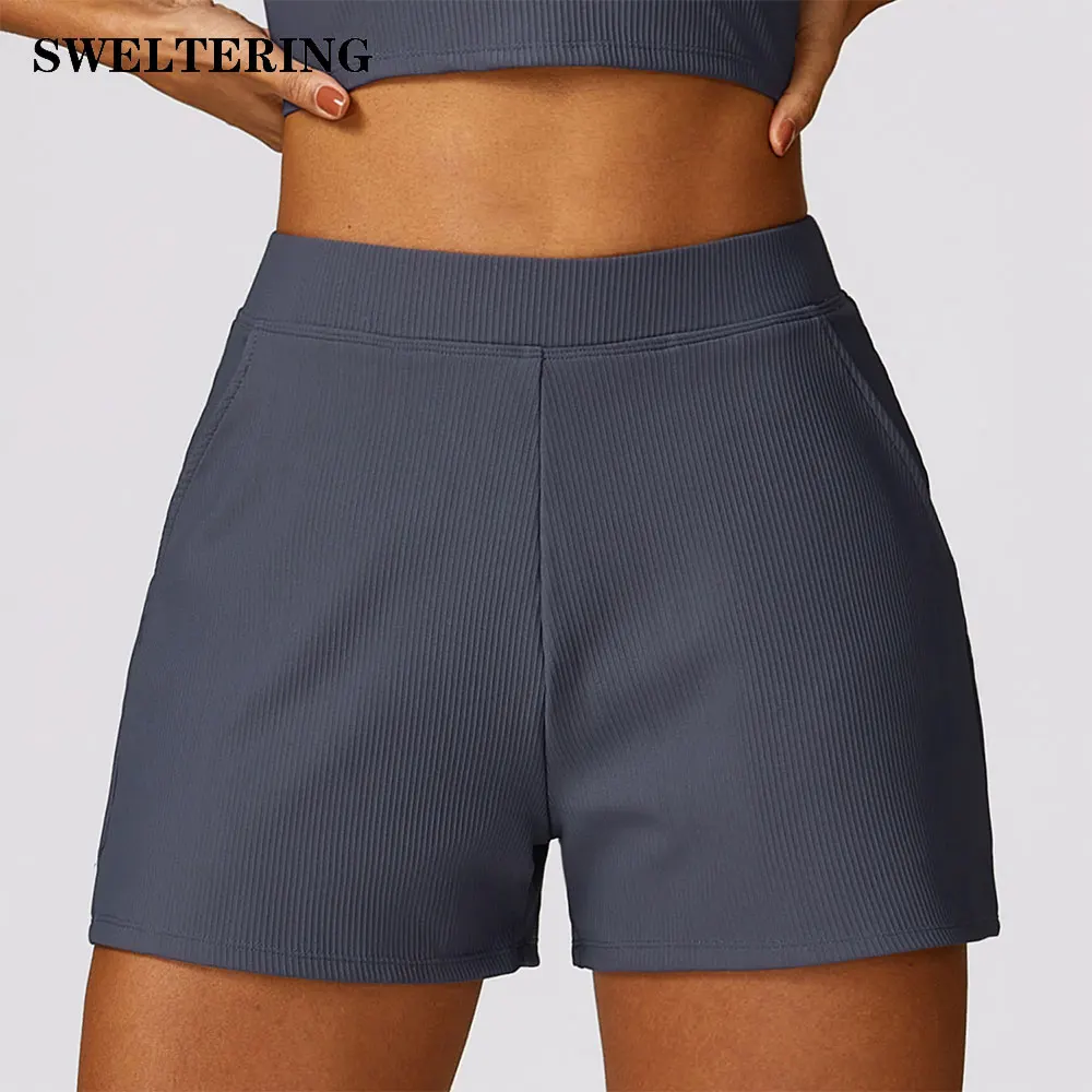 Pantalones cortos deportivos informales para mujer, Shorts acanalados de cintura alta, secado rápido, para gimnasio, Yoga, correr y Fitness,