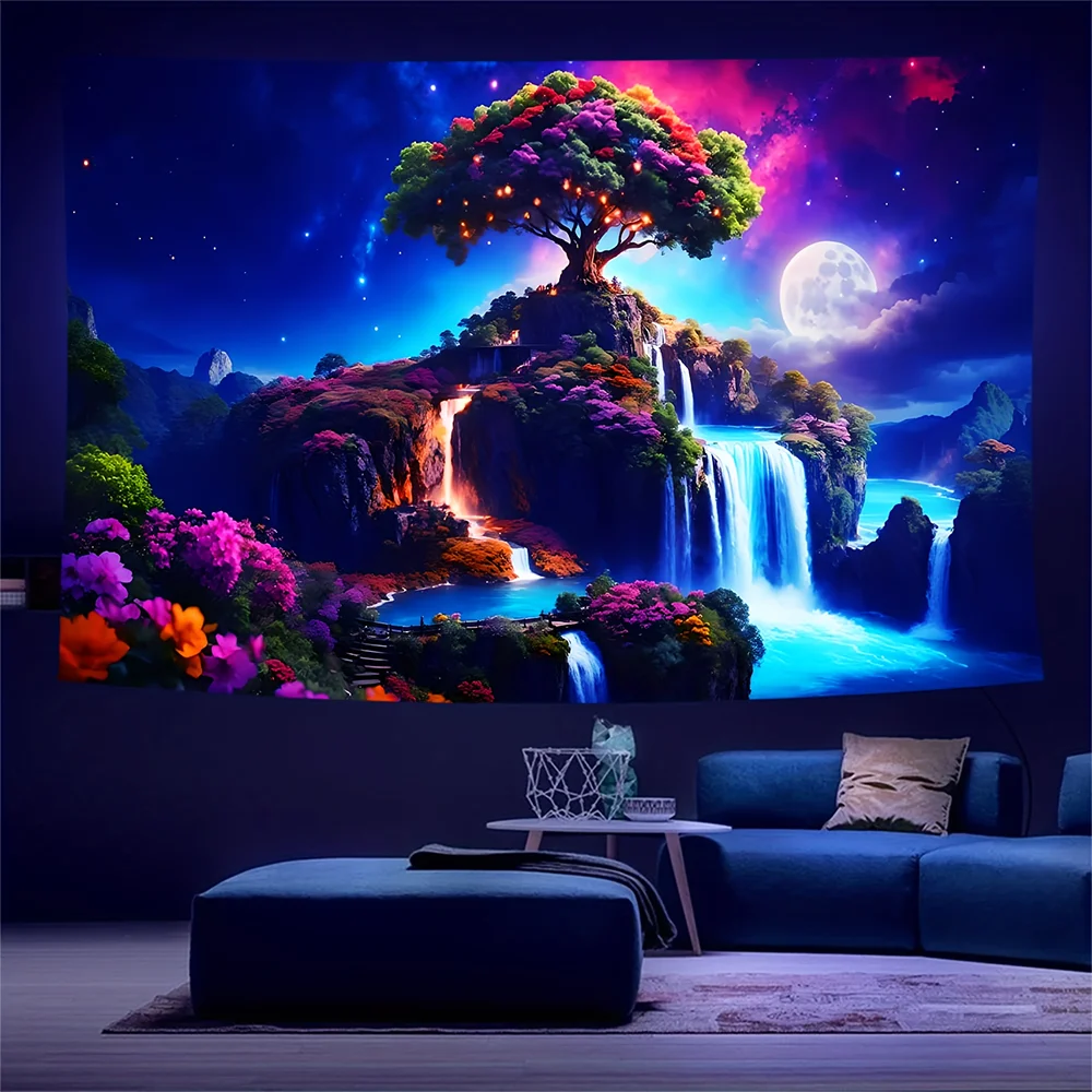 1pc Fantasy Night Sky Galaxy Tree Waterfall Tapestry, Glow in The Dark Neon Celestial Mountain Landscape Wall Hanging for