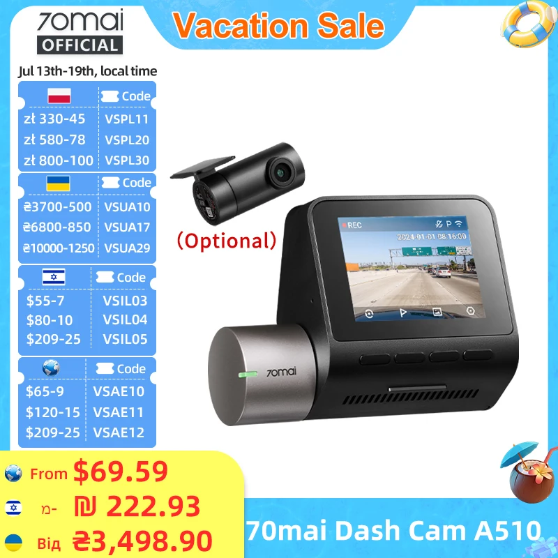 70mai A510 1944P HDR GPS ADAS 4G 연결 전방 카메라 차량용 블랙박스 24시간 주차 감시 후방