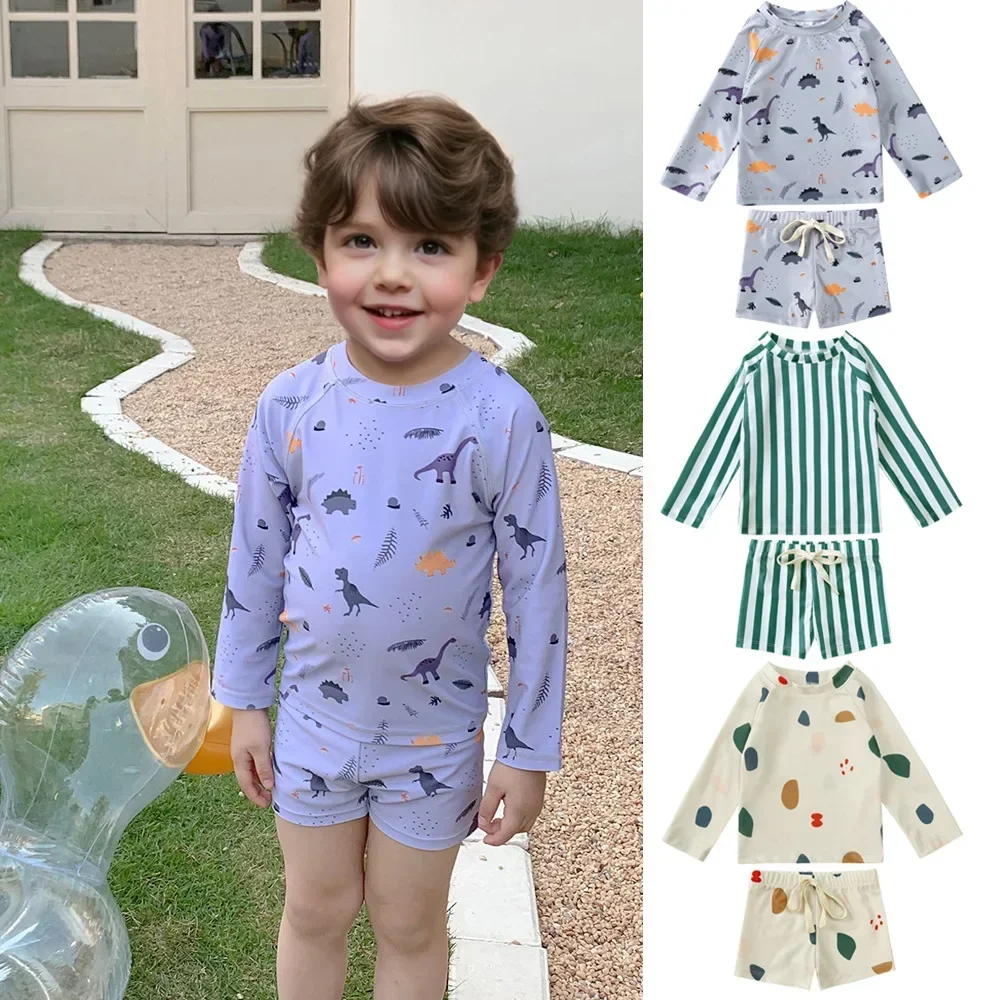 New 2025 Summer Kids Two-piece Swimsuit Boys Cartoon Long Sleeve Sunscreen Quick-Dry Surfing Suit Swimwear Baby Bathing Costume