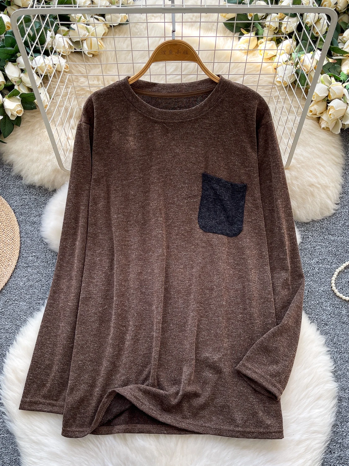 

Loose Long Sve round Ne T-irt Women's Casual Sle Inner Wear Polyester Fiber Breathable Comfortable Korean Faion