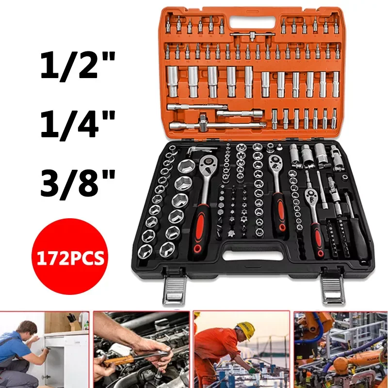 172PCS Socket Ratchet Wrench Set 1/2 1/4 3/8 Drive Handle Hand tolsl set Workshop Garage Box Tools Mechanic W/Orange Case