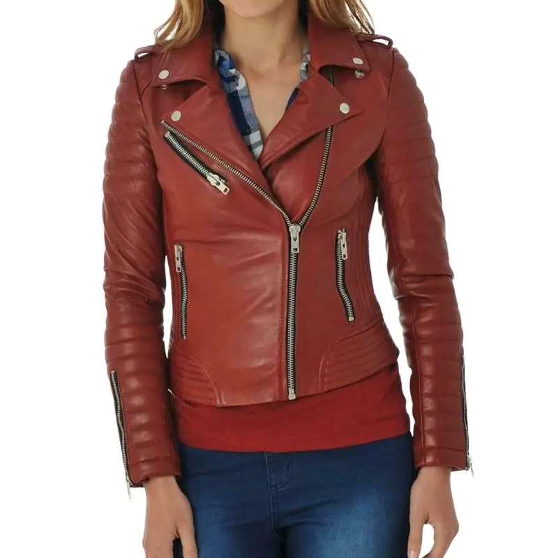 

Women Red Valentine Lambskin Genuine Real Motorcycle Modern Leather Jacket