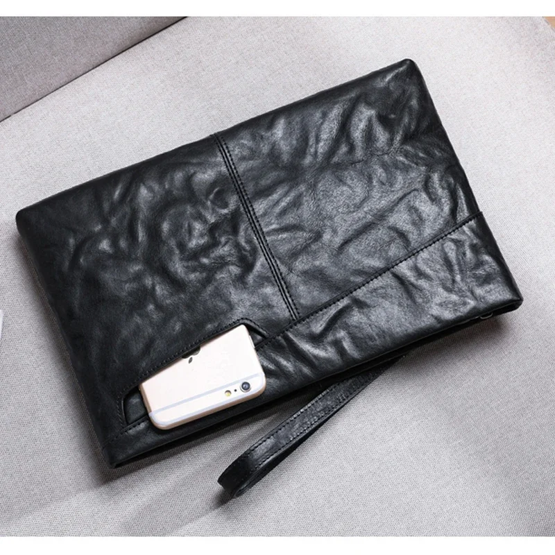 SENOFAN Men\'s Clutch Bags Cow Genuine Leather Vintage Big Soft Hand Bag For Male Long  Wallets Envelope Bag Phone Pocket Black