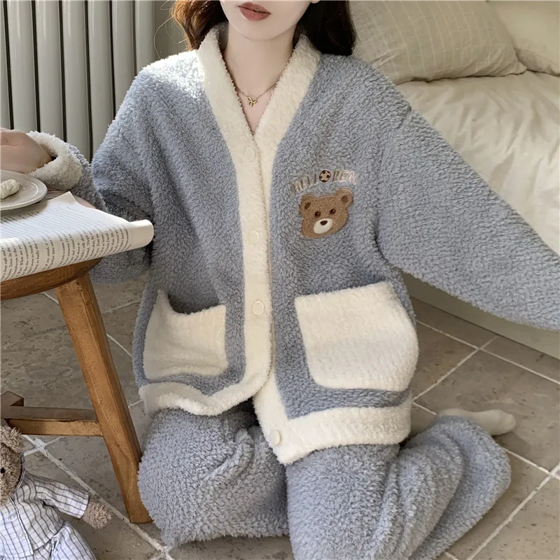 

Pajama Sets For Plus Size Woman Cotton Loose Home Casual Girl Breathable Soft Round Neck Long Sleeve Pants Fall Blue Polkadot OL
