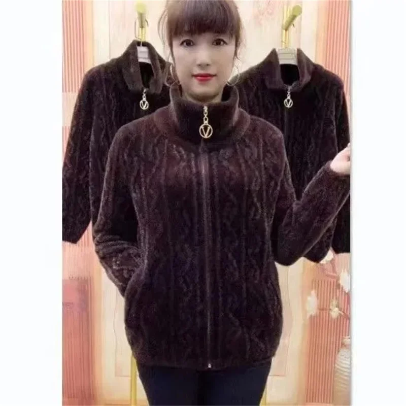 New Middle Aged Elderly Mother Imitation Mink Velvet Coat Women Autumn Winter Thicken Knitted Cardigan Sweater Female Knitwear