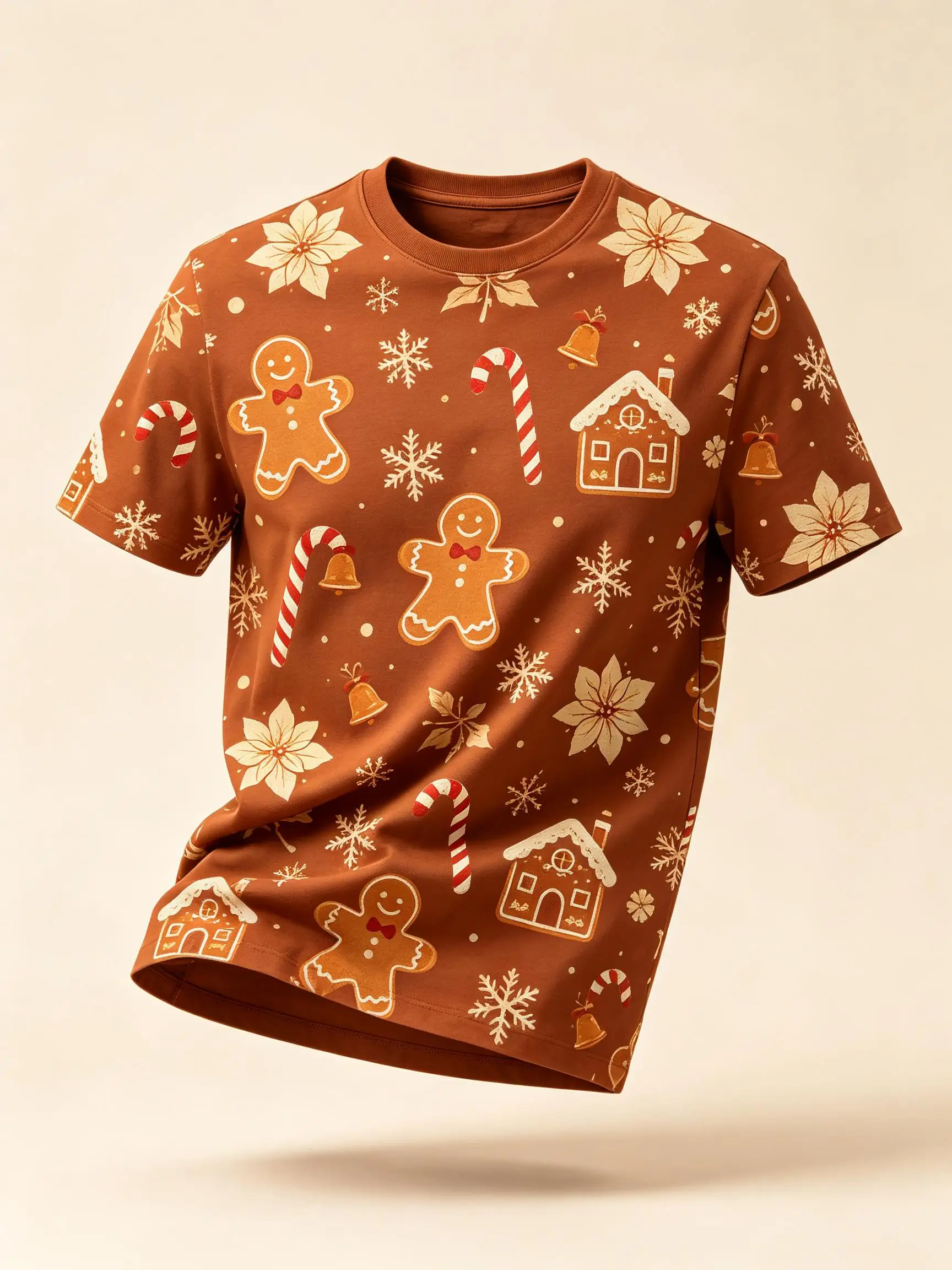 Vintage Xmas Gingerbread Pattern Mens Tee Brown Poinsettia Bell Snowflake Print Casual Holiday Wear