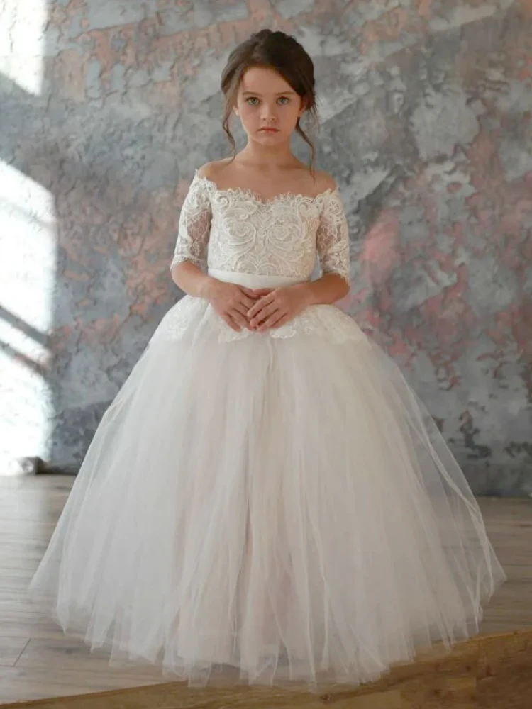 White Flower Girl Dress Tulle Lace Appliques Top With Big Bow Half Sleeve For Wedding Birthday Banquet First Communion Gowns