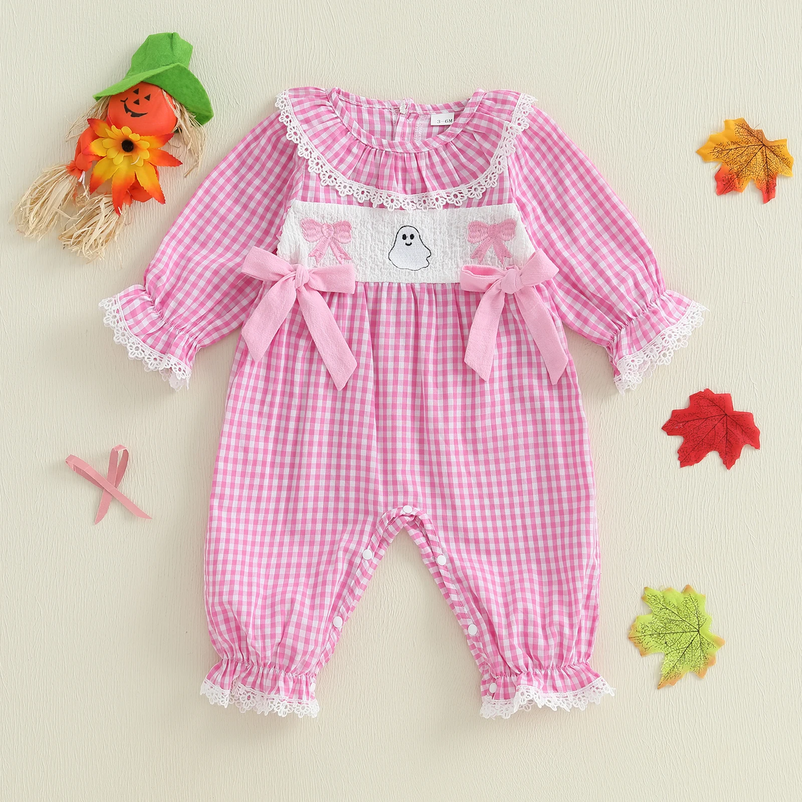 

Baby Girl Halloween Outfits Plaid Lace Trim Candy Corn Embroideried Romper Long Sleeve Jumpsuit Fall Clothes