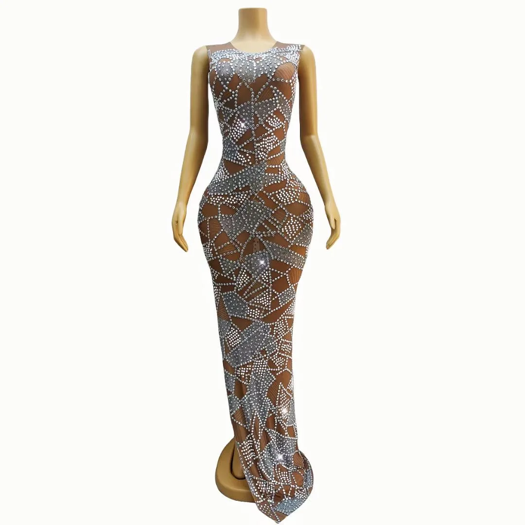 Women Luxury Diamond Stretch Sleeveless Dress Party Wedding Birthday Celebration Stage Costume Performance Dancer Singer Show