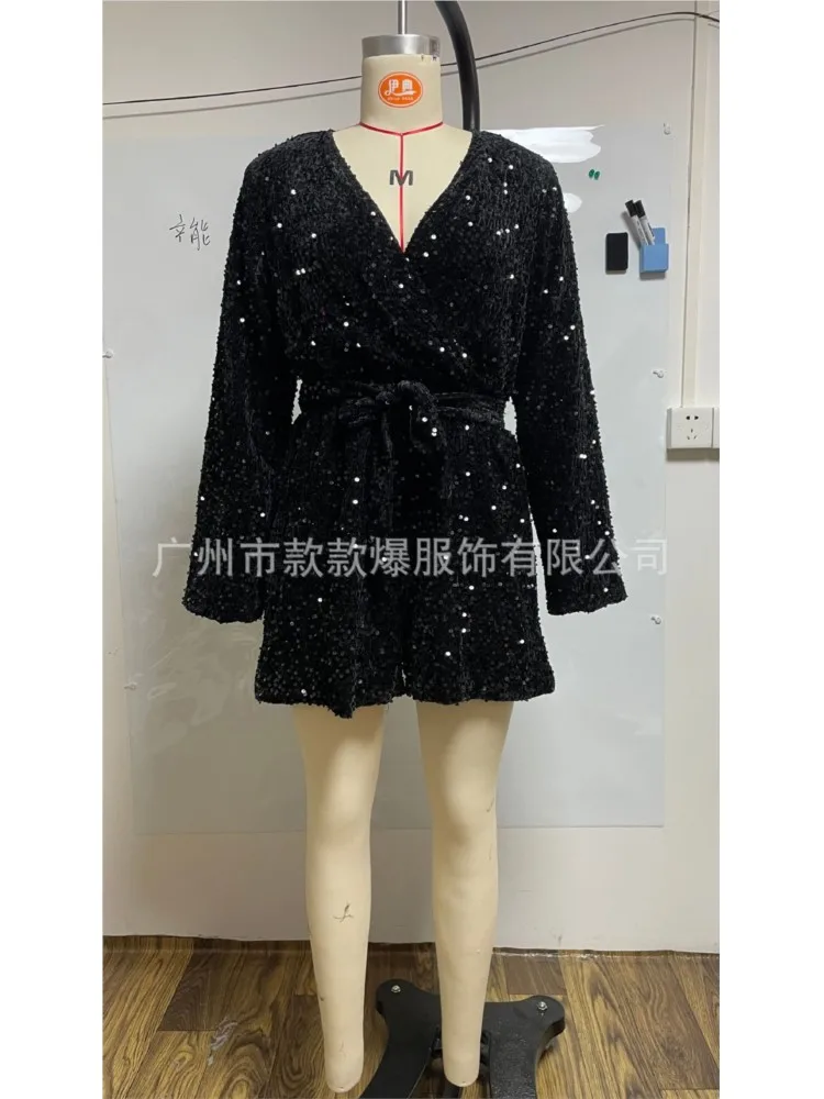 Sparkling Jumpsuit Fashionable Spring Autumn Women's Loose Comfortable Long Sleeved Sexy V-neck Lace Up High Waisted Pants Set