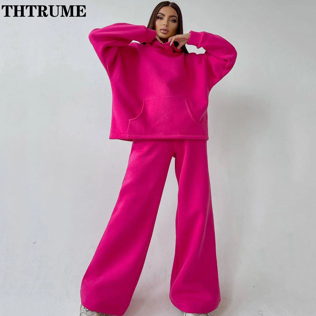 Elegant Sport New Two Piece Sets Fashion Solid Long Sleeve Loose Hoodies Wide Leg Pants Outfits Casual Y2K Autumn Streetwear