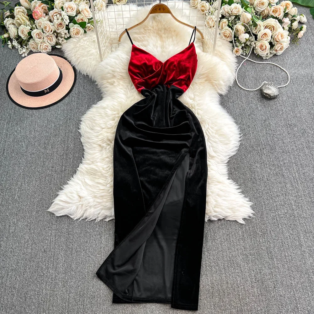 Sexy Elegant V-neck Sleeveless Hotsweet Split Velvet Slim Straps Pencil Long Dress Streetwear High Street Autumn Winter Clothing