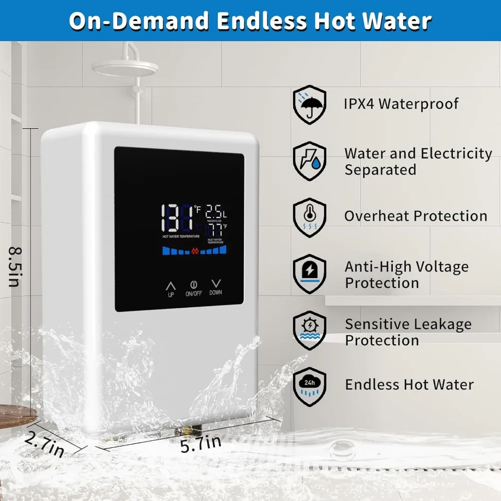 Chauffe-eau électrique sans réservoir, chauffage instantané, 5500W, 110V, avec télécommande, écran tactile LCD, eau chaude blanche