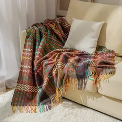 Boho Wave Throw Blanket with Tassels Vintage Ethnic Style Woven Sofa Cover Colorful Lightweight Geometric Fringe Blanket for Bed