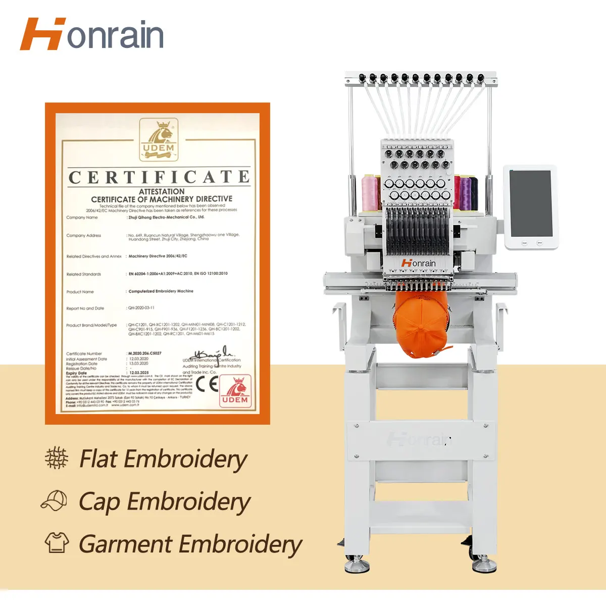 HONRAIN Industrial Flat/Cap Embroidery Machine 9/12 Needles Manual Operation New Home Use High-Accuracy 10