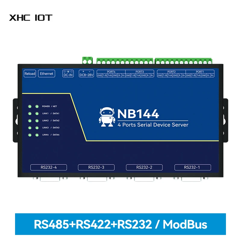 4-Channel Serial Server RS232/422/485 XHCIOT NB144S RJ45 Modbus Gateway TCP/UDP/MQTT DC 8-28V AT Command Build-in Watchdog