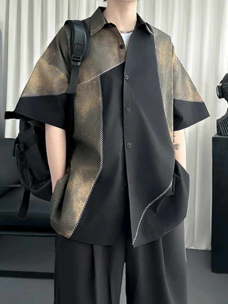 

American Sle Spliced Retro ort Sve Men's irt Loose Casual Loose Five Sve Thin Breathable Polyester Fiber Summer T...