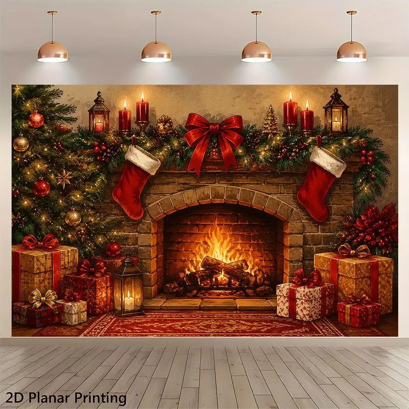VIKAMA Christmas Fireplace Tapestry Cozy Xmas Candle Stocking Wall Hanging Holiday Backdrop for Party Bedroom Living Decor