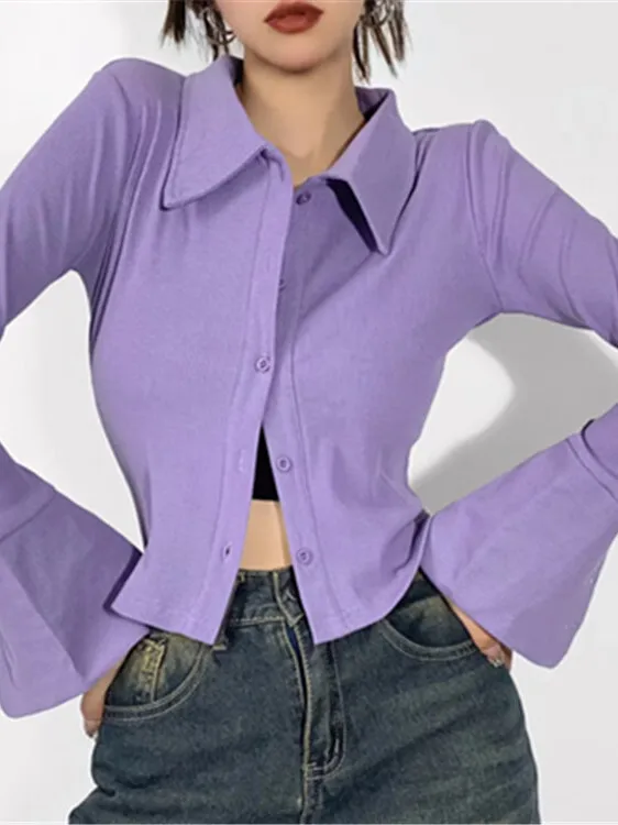 Autumn New Light Mature Polo Collar Single Breated Flared Sleeve Shirt Women Cinching Waist Solid Slim Casual Top AUHB