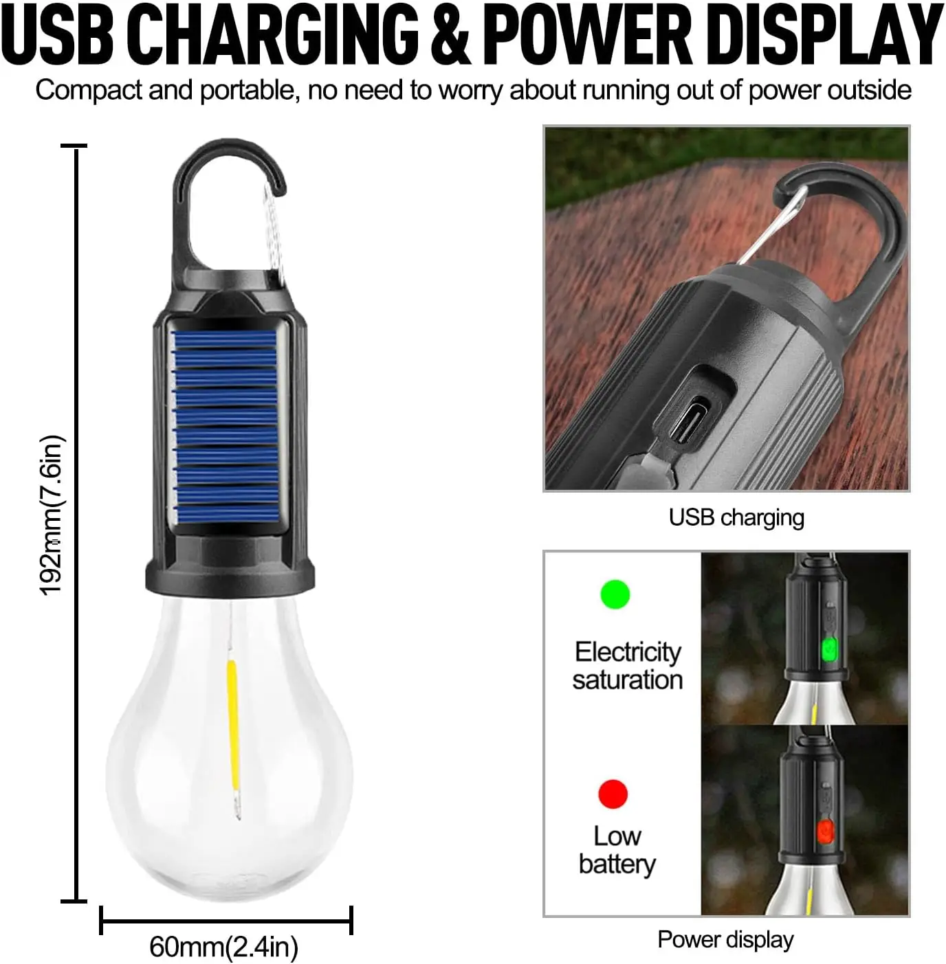 Rechargeable LED Camping Light Type-C Charging Retro Bulb Lights 3 Modes Outdoor Solar Hanging Tent Lamp Bulbs with Hook