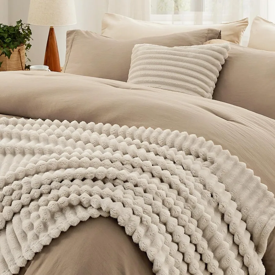 

King Size Comforter Set with Fleece Throw Blanket and Decorative Pillow Light Weight All Season Bedding in Khaki