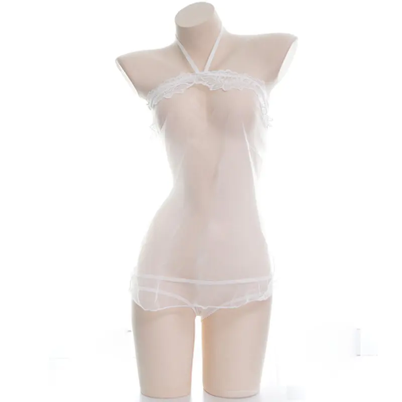 Anime Lace Fairies Mesh See Through Sleeping Dress Set Sexy Transparent Underwear Backless Bandage Underwear Role Play Outfits