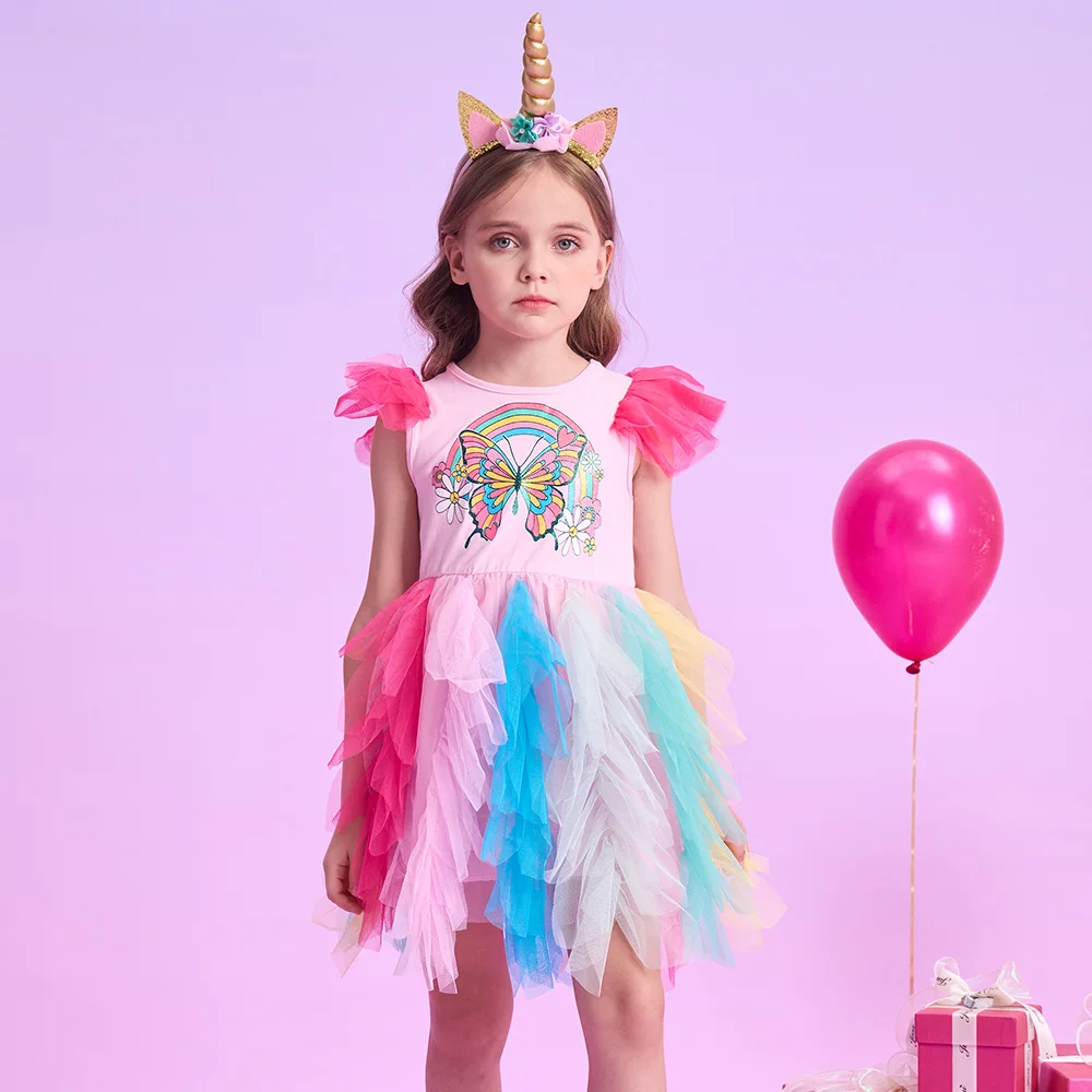 VIKITA Mädchen Bunte Regenbogen Flattern Ärmeln Sommer Kleid Kinder Schmetterling Blume Drucken Layered Tüll Mesh Prinzessin Tutu Vestidos – Detail 5