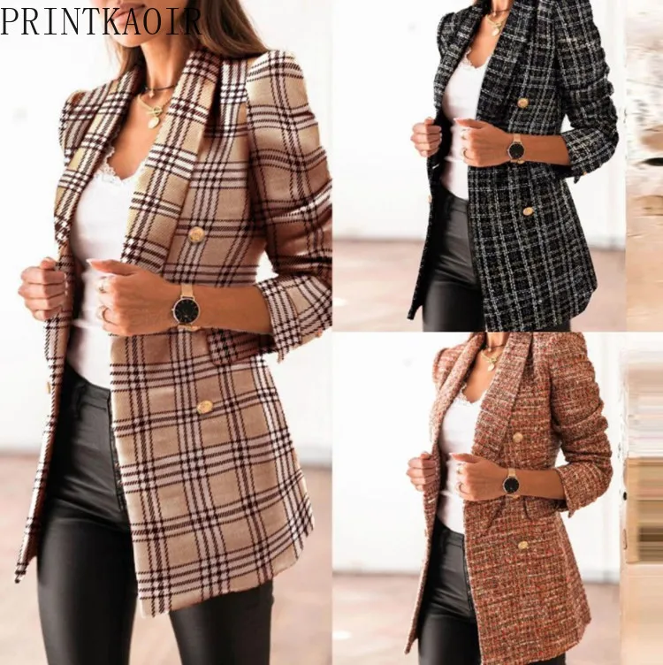 

PRINTKAOIR 2026 Autumn Winter Women's Double Breasted Blazer Printed Lapel Long Sleeve Warm Casual Outerwear