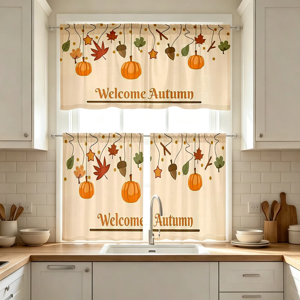Fall Kitchen Curtains, Welcome Autumn Pumpkin Hanging, Digital Print, Kitchen Dining Room, Rod Pocket Polyester, Home Decor