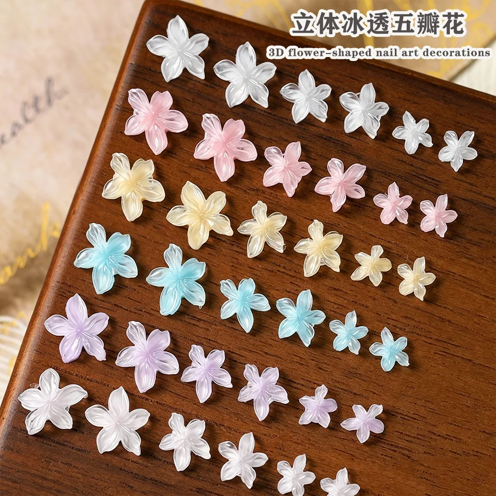 50PCS Ice Clear 3D Acrylic Nail Five-petaled Flower Accessories Charms Parts For Nails Decoration Manicure Supplies Material
