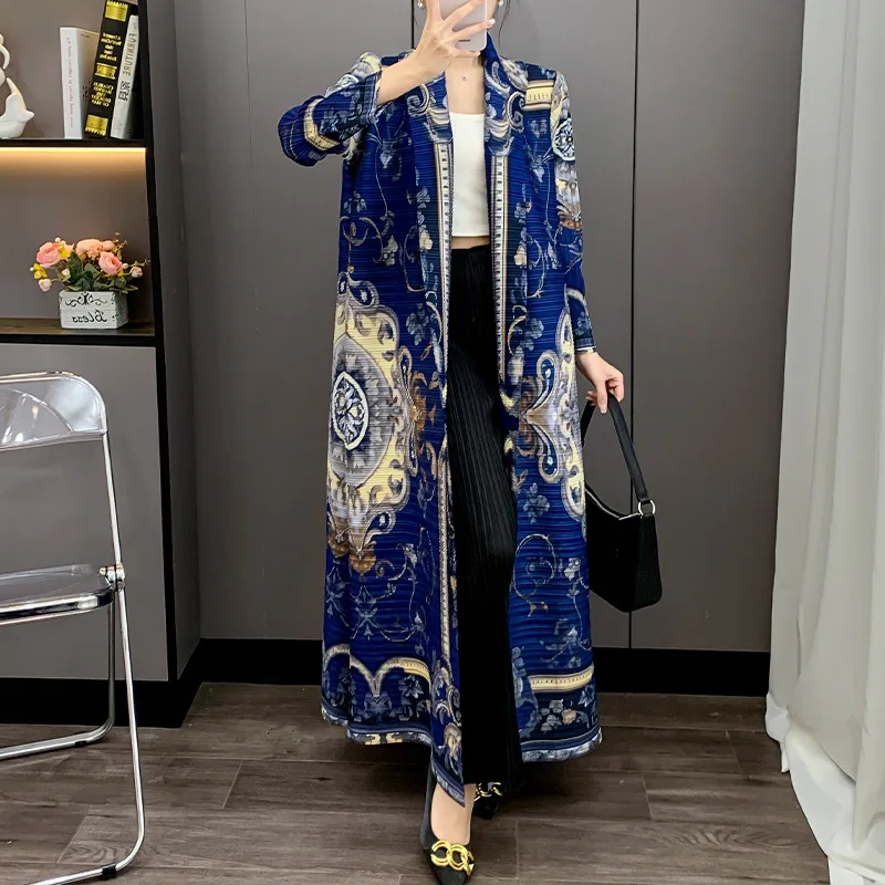 Miyake 2025 New Spring Folded Robe Loose Pleated Fashion Light Luxury Noble Middle East Printed Plisse Coat Jacket Cloak Women