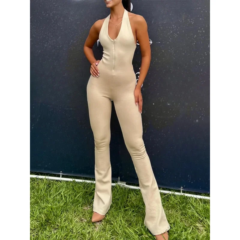 

Women's Beige Backless Slim Flared Pants Jumpsuit Summer New Style Sexy Design Fashionable Personality Tight Jumpsuit