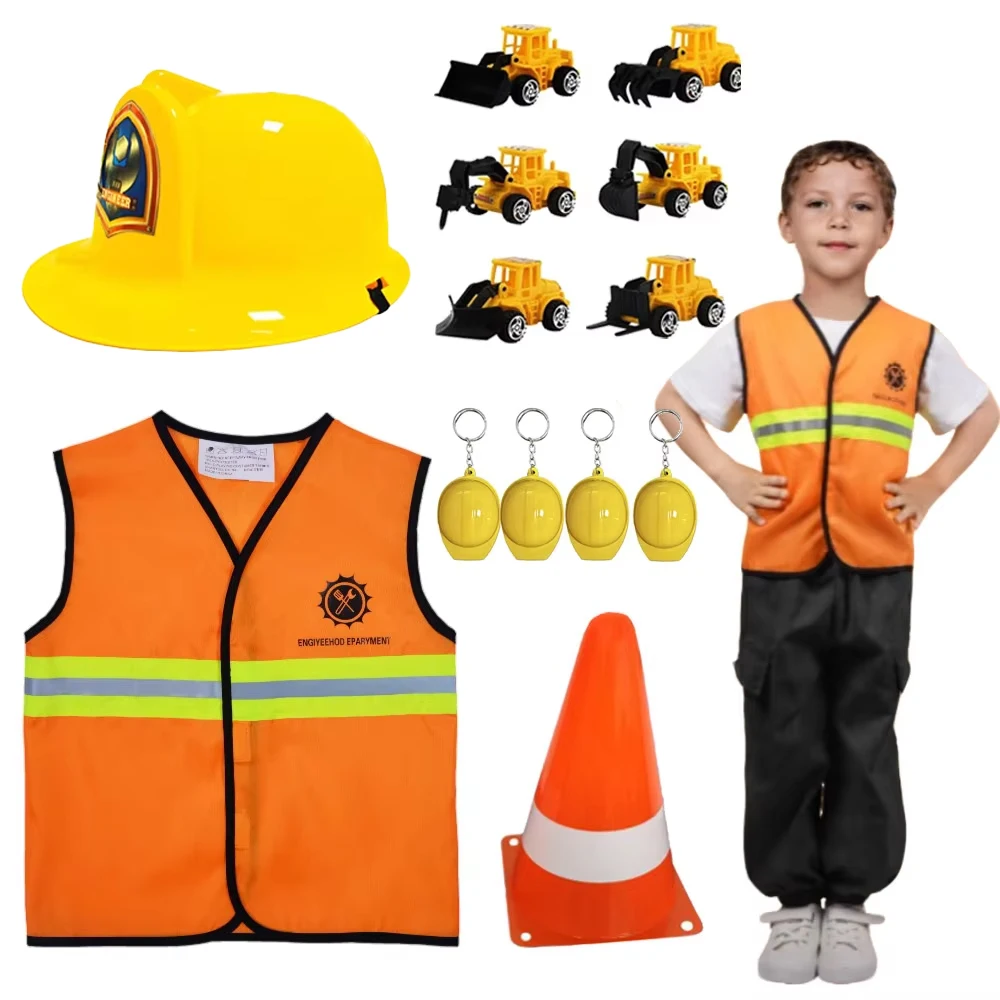 Construction Worker Costumes Helmet Vest Roadblock Prop for Engineering Birthday Party Construction Worker Costume Cosplay Favor