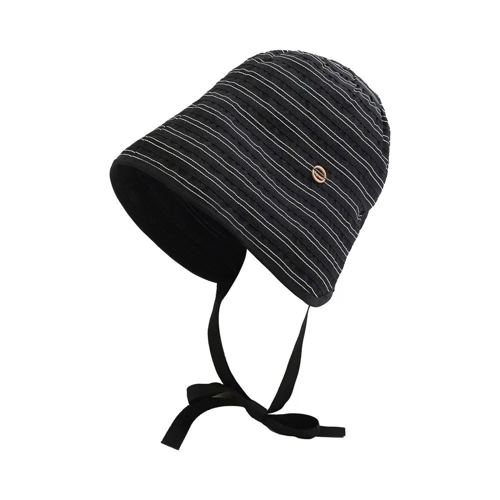 Fashion Ribbon Women Striped Fisherman Hat Solid Color Foldable Summer Sun Hat Wide Brim Cotton Sunscreen Visor Cap Beach