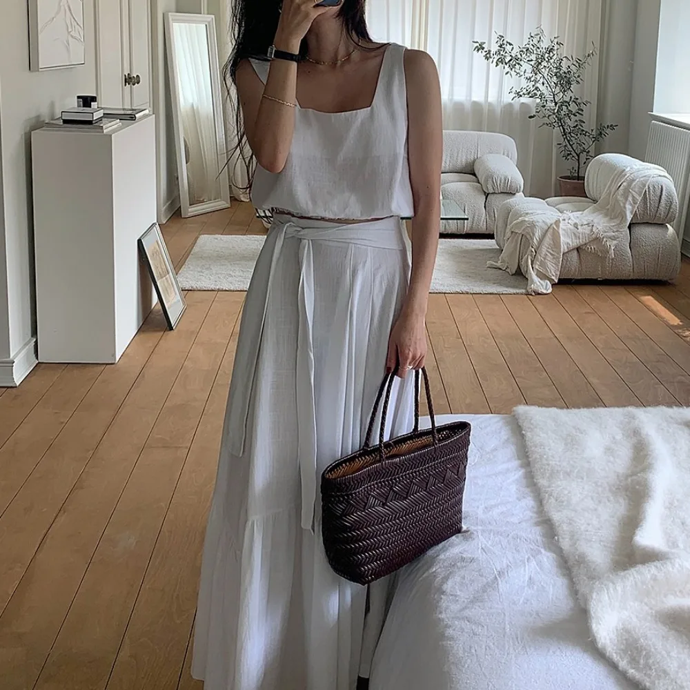 Women's Summer Vintage Holiday Skirt Matching Set 2 Two Pieces Sets Square Collar Crop Tops and High Waist Bandage Skirts 2025