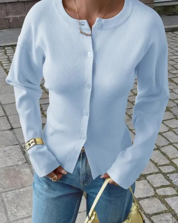 

Slim Fit Women's Sweater In Spring and Autumn Pure Color Simple Casual Round Neck Button Up Front Waist Cinched Knit Sweater