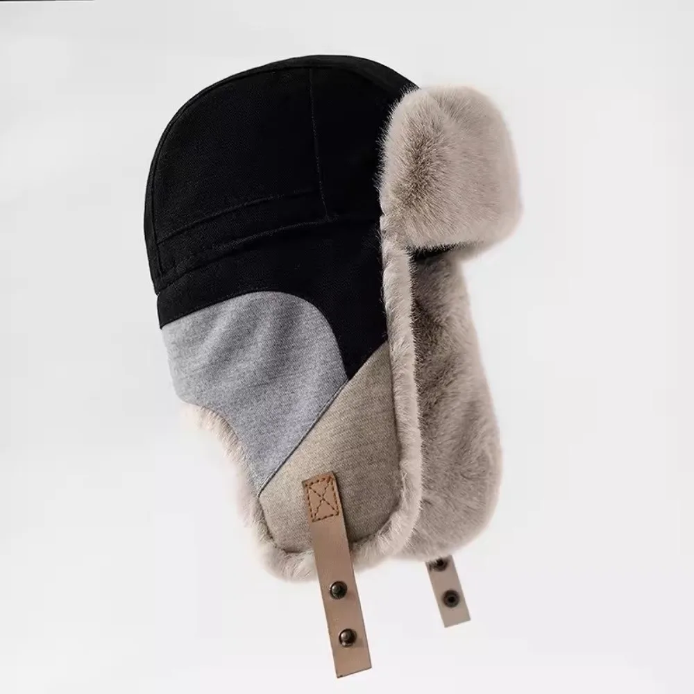Farbblock-Wintermütze mit Fleece-Futter, Ohrenklappen, winddicht, windresistent, dicke, thermische Patchwork-Skimütze – Detail 3