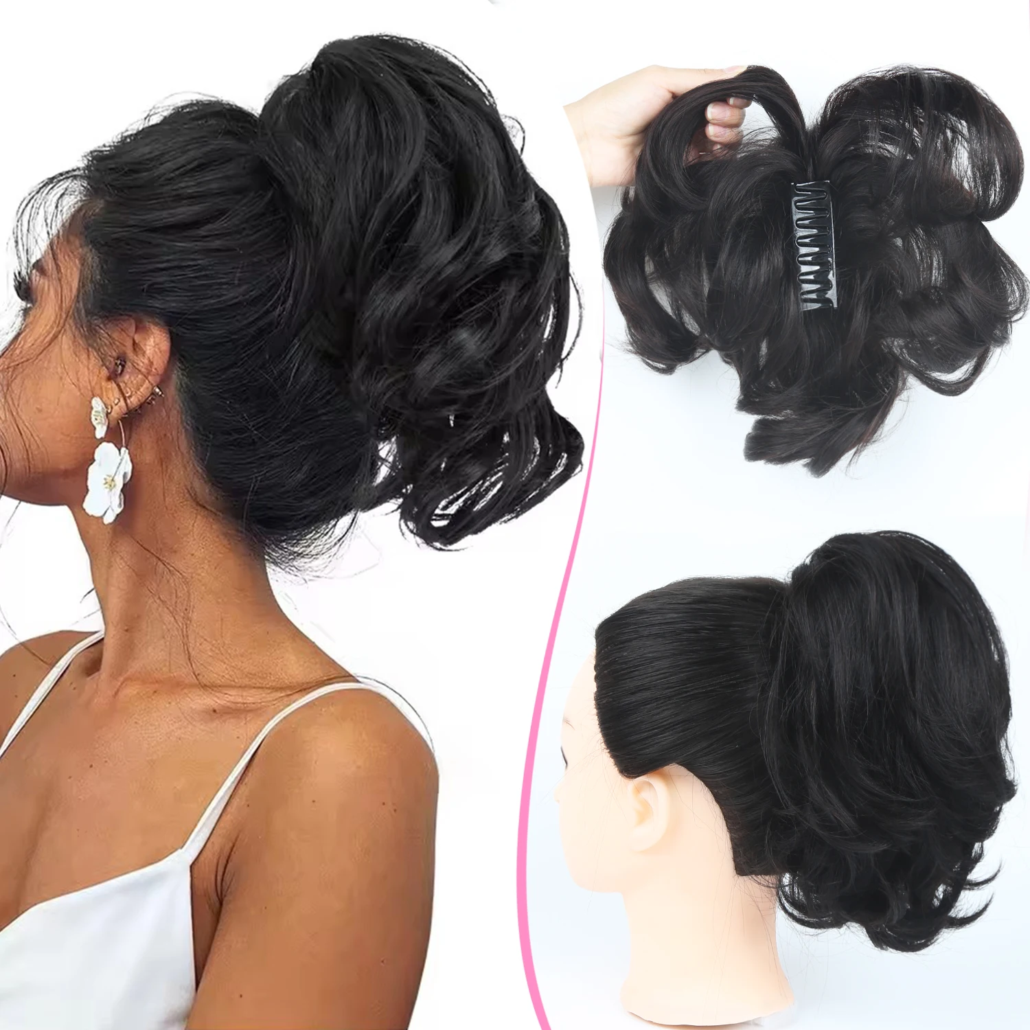 

Накладной хвост-шиньон 12 дюймов на заколке-крабе, из натуральных человеческих волос, для самостоятельного создания прически, гибкий, для создания небрежного пучка, 100 г, натуральный черный