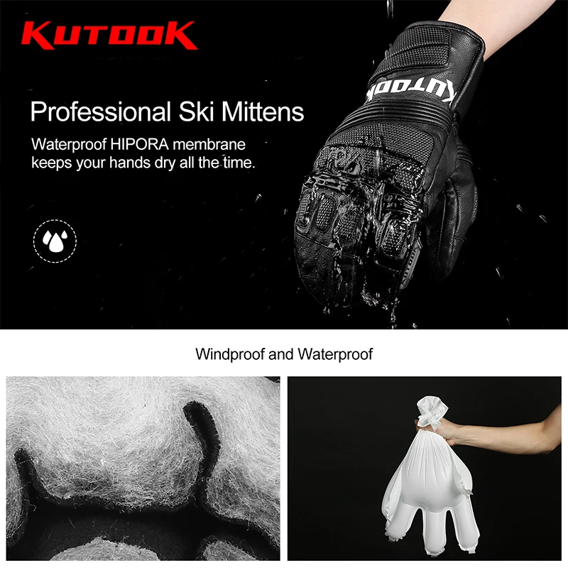 KUTOOK Goat Skin Ski Gloves Winter Thermal Skiing Snow Gloves Leather Snowmobile Mitten Snowboard Gloves Waterproof  Anti Wear