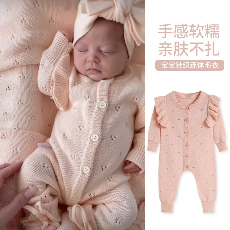 Somenie Baby Spring Autumn Knitted Onesie, Newborn Infant Outdoor Crawling Jumpsuit Baby Outfit
