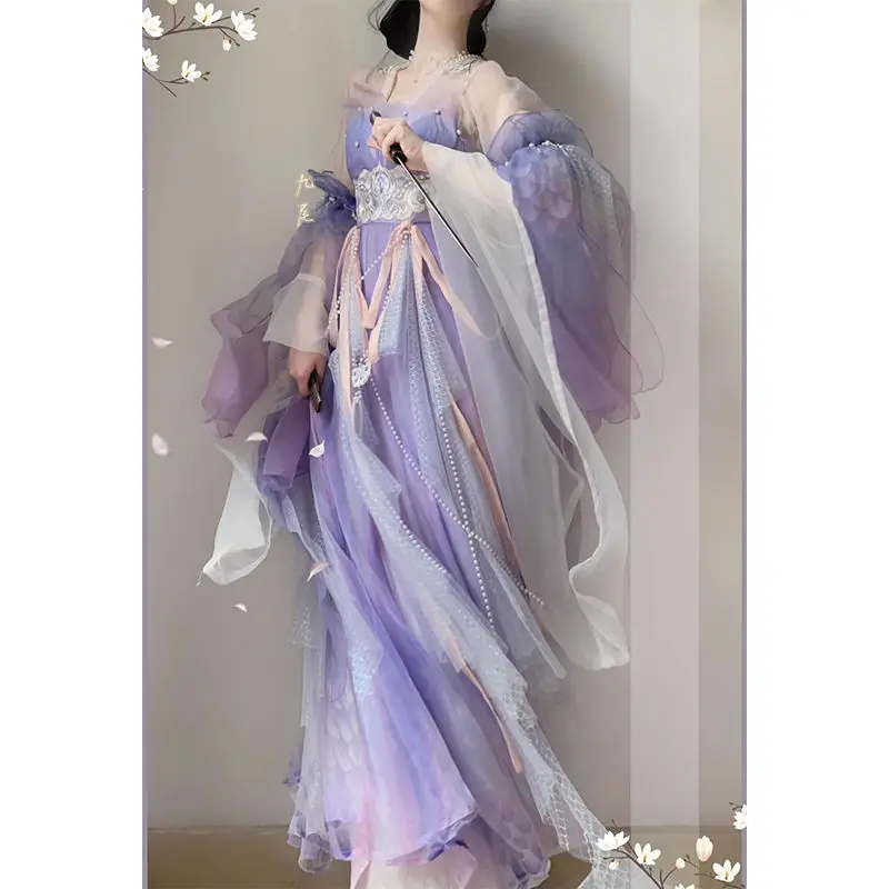 

Новое сине-фиолетовое платье Ханьфу 2026 года в новом стиле с вышивкой, широкими рукавами и элементами стиля Жу Хань