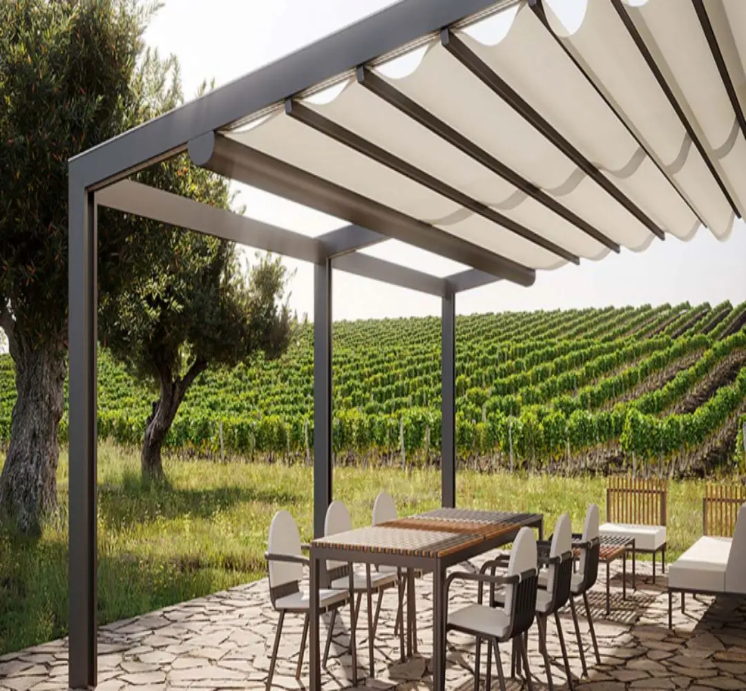 

Современная уличная пергола-навес для патио с моторизованным складным механизмом из алюминиевого сплава, настраиваемая, солнцезащитная, черно-белая, модель ZDP150J