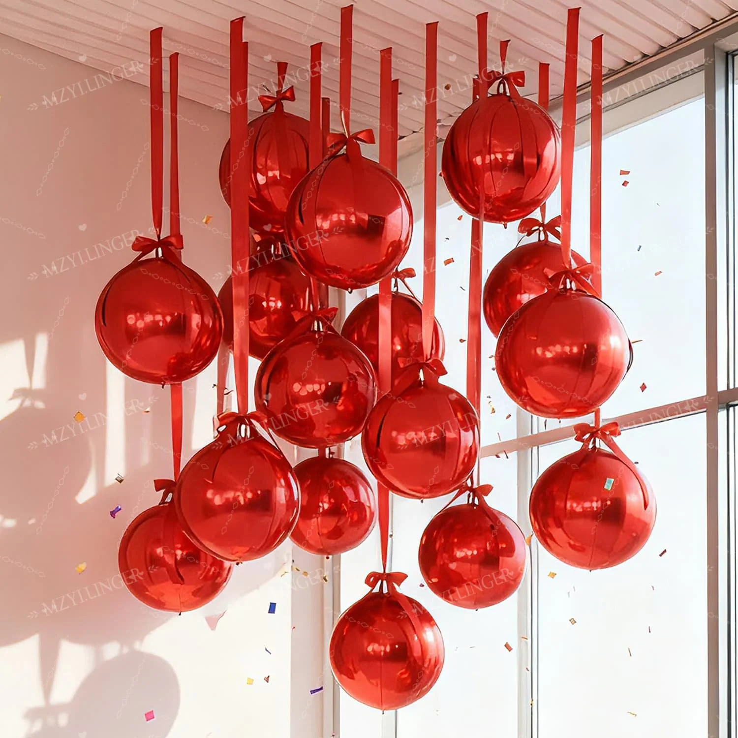 12 Stück rote 4D-Ballons, 22 Zoll, zum Aufhängen, runde 4D-Folienballons in Rot, passend zu roten Bändern, für Weihnachts-, Geburtstags- und Hochzeitsdekoration, Globo. – Detail 7