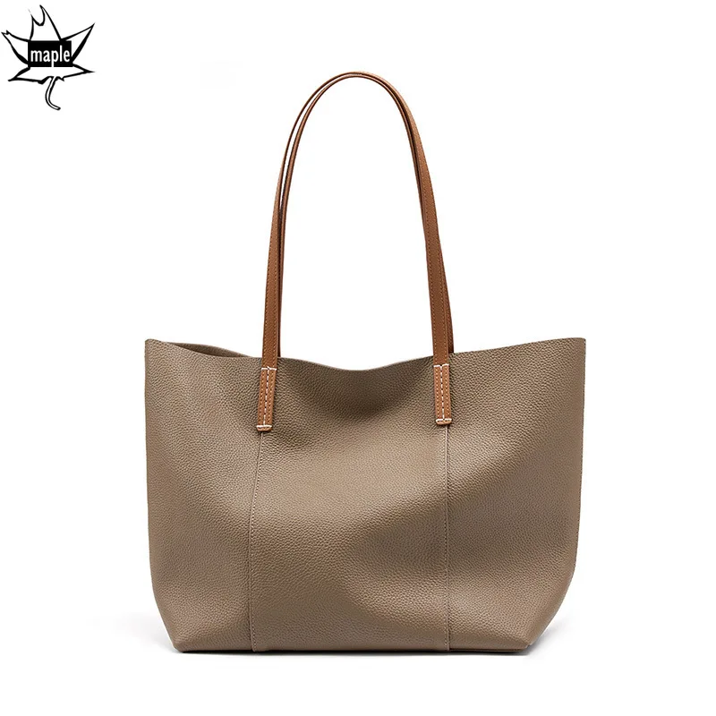 

2024 Winter Roomy Big Travel Neverful Mummy Tote First Cowhide Leather Women Handbag Beige Quality Single Shoulder Bag