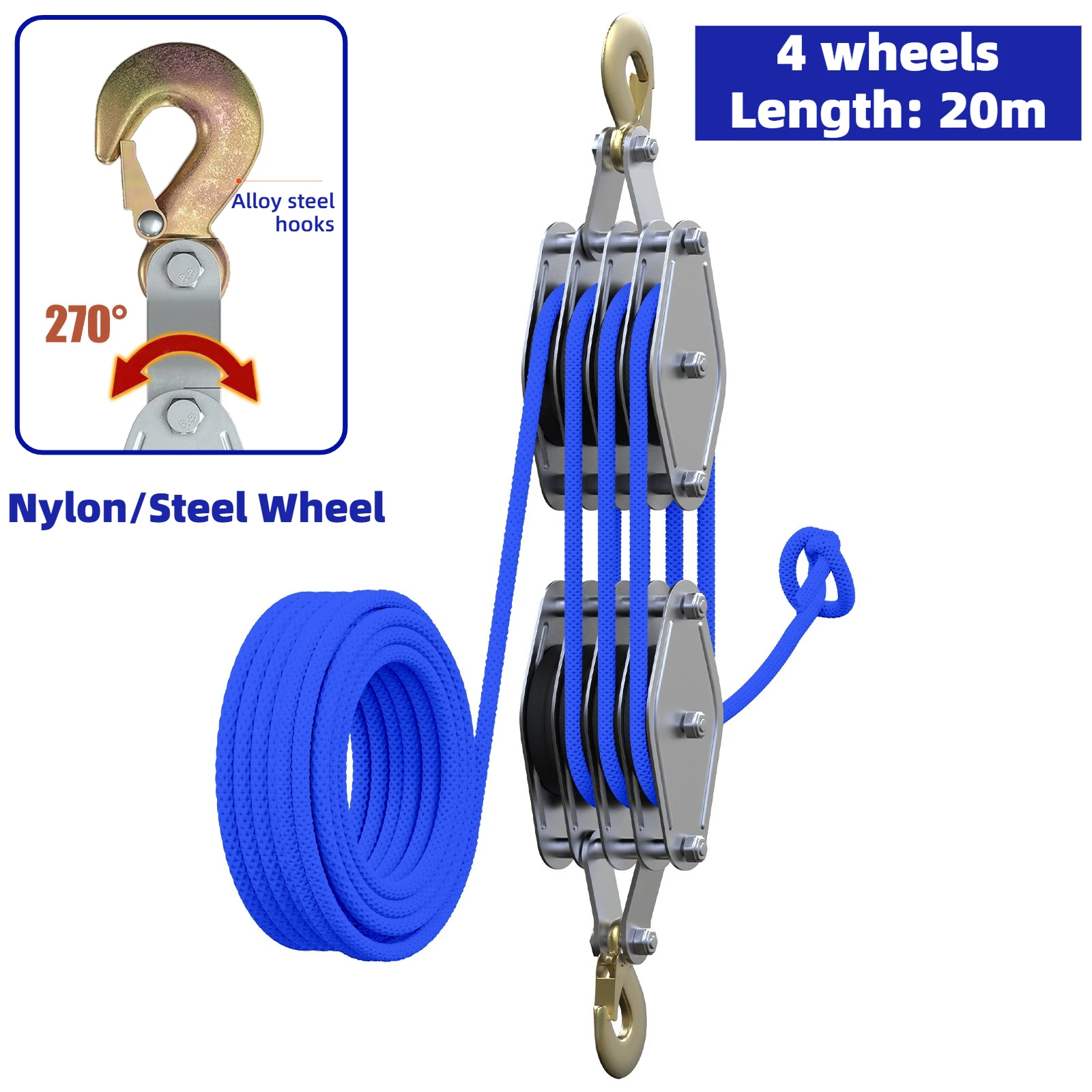 Rope Hoist Pulley System 4400LB Pulley Block and Tackle Lifting Power 65ft for Hunting Lifting Heavy Objects Garage Warehouses